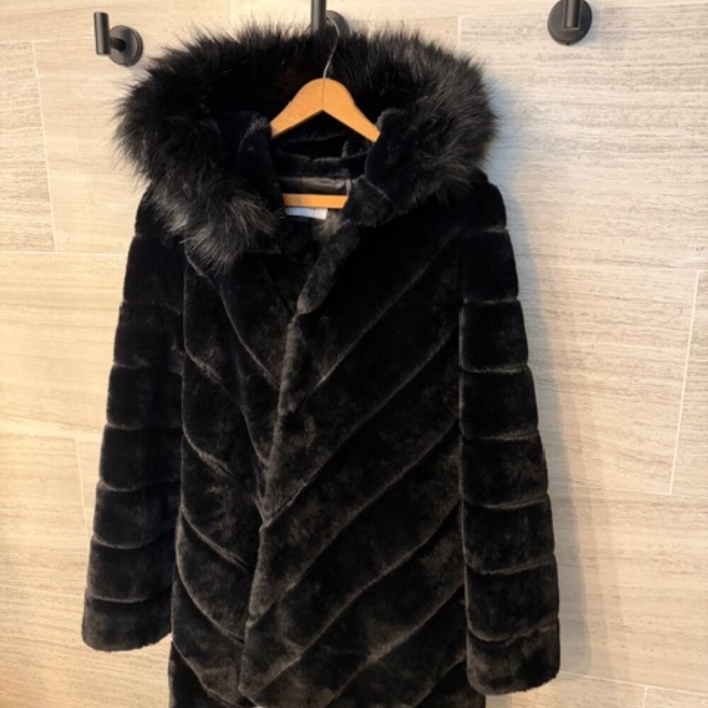 Black Calvin Klein Hooded Faux-Fur Coat (Small)